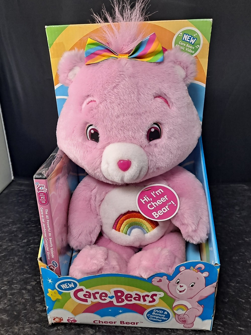 Early 2000's Care Bears Cheer Bear Plush Pink with Rainbow Bow and Rainbow Belly
